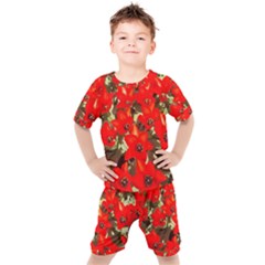 Columbus Commons Red Tulips Kids  Tee And Shorts Set by Riverwoman