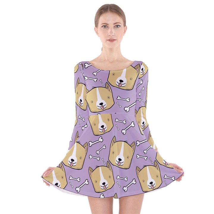 Corgi Pattern Long Sleeve Velvet Skater Dress