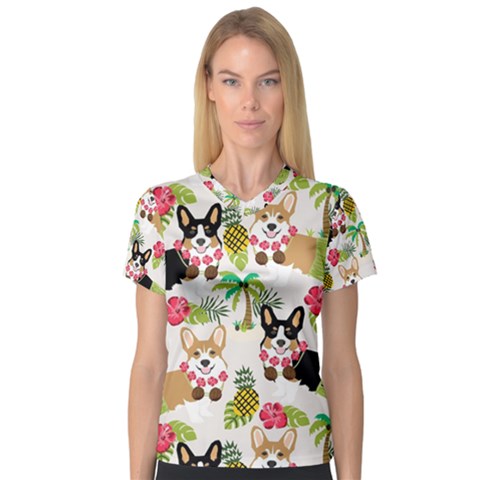 Corgis Hula Pattern V-neck Sport Mesh Tee by Sapixe