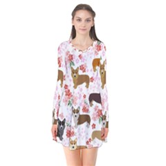 Corgis Corgi Pattern Long Sleeve V-neck Flare Dress by Sapixe