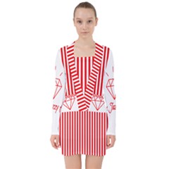 Diamond Red Red White Stripe Skinny V-neck Bodycon Long Sleeve Dress by thomaslake