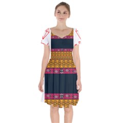 Diamond Red Black Pink Orange African Print Short Sleeve Bardot Dress