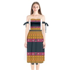 Diamond Red Black Pink Orange African Print Shoulder Tie Bardot Midi Dress