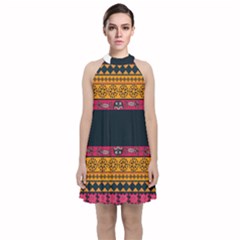 Diamond Red Black Pink Orange African Print Velvet Halter Neckline Dress 