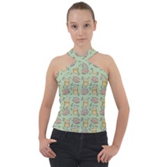 Hamster Pattern Cross Neck Velour Top