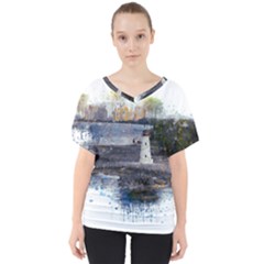 Lighthouse Art Sea Ocean Vintage V-neck Dolman Drape Top by Sapixe