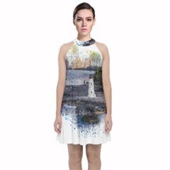 Lighthouse Art Sea Ocean Vintage Velvet Halter Neckline Dress  by Sapixe