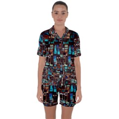 Stained Glass Mosaic Abstract Satin Short Sleeve Pyjamas Set by Sapixe