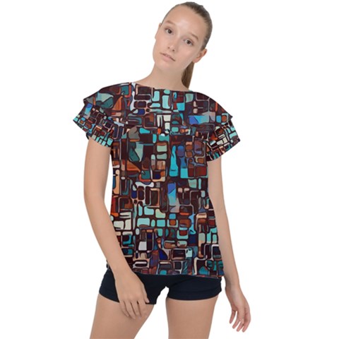 Stained Glass Mosaic Abstract Ruffle Collar Chiffon Blouse by Sapixe