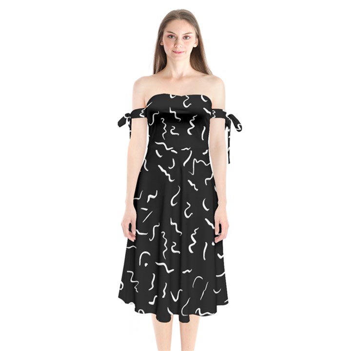 Scribbles Lines Drawing Picture Shoulder Tie Bardot Midi Dress