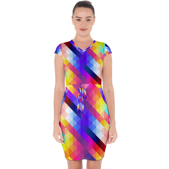 Abstract Background Colorful Pattern Capsleeve Drawstring Dress 