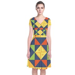 Background Geometric Color Short Sleeve Front Wrap Dress by Sapixe