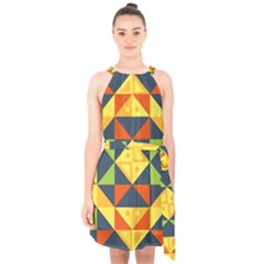 Background Geometric Color Halter Collar Waist Tie Chiffon Dress