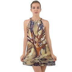 Tree Forest Woods Nature Landscape Halter Tie Back Chiffon Dress by Sapixe