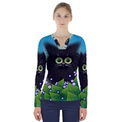 Kitten Black Furry Illustration V-neck Long Sleeve Top by Sapixe