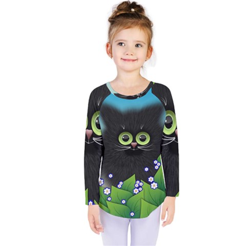 Kitten Black Furry Illustration Kids  Long Sleeve Tee by Sapixe