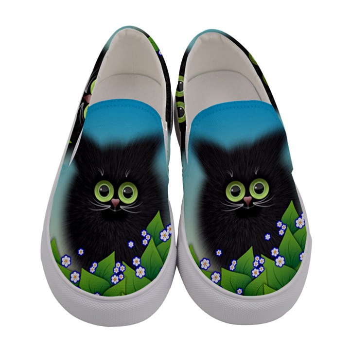 Kitten Black Furry Illustration Women s Canvas Slip Ons