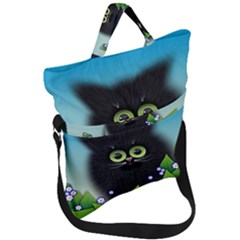 Kitten Black Furry Illustration Fold Over Handle Tote Bag by Sapixe