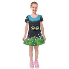 Kitten Black Furry Illustration Kids  Short Sleeve Velvet Dress by Sapixe