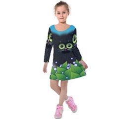 Kitten Black Furry Illustration Kids  Long Sleeve Velvet Dress by Sapixe