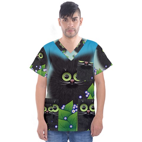 Kitten Black Furry Illustration Men s V-neck Scrub Top by Sapixe