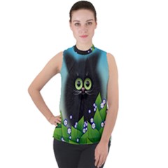 Kitten Black Furry Illustration Mock Neck Chiffon Sleeveless Top by Sapixe