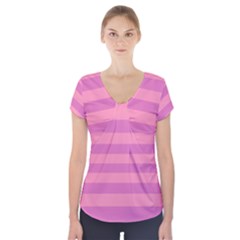 Pink Stripes Striped Design Pattern Short Sleeve Front Detail Top by Sapixe