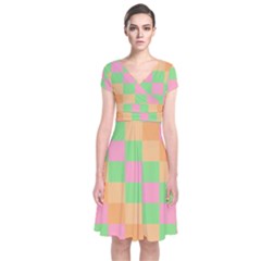 Checkerboard Pastel Squares Short Sleeve Front Wrap Dress by Sapixe