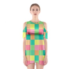 Checkerboard Pastel Squares Shoulder Cutout One Piece Dress by Sapixe