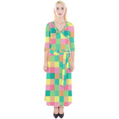 Checkerboard Pastel Squares Quarter Sleeve Wrap Maxi Dress by Sapixe