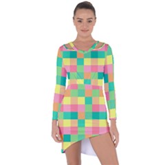 Checkerboard Pastel Squares Asymmetric Cut-out Shift Dress