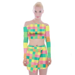 Checkerboard Pastel Squares Off Shoulder Top With Mini Skirt Set by Sapixe