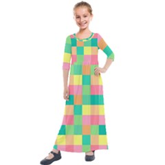 Checkerboard Pastel Squares Kids  Quarter Sleeve Maxi Dress by Sapixe