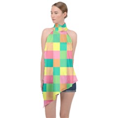 Checkerboard Pastel Squares Halter Asymmetric Satin Top by Sapixe