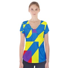 Colorful Red Yellow Blue Purple Short Sleeve Front Detail Top