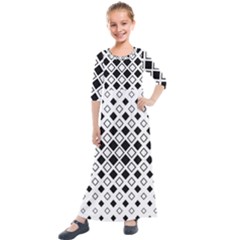 Square Diagonal Pattern Monochrome Kids  Quarter Sleeve Maxi Dress