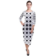 Square Diagonal Pattern Monochrome Quarter Sleeve Midi Velour Bodycon Dress by Sapixe