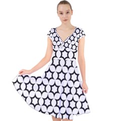 Pattern Star Repeating Black White Cap Sleeve Front Wrap Midi Dress