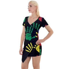 Handprints Hand Print Colourful Short Sleeve Asymmetric Mini Dress