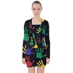 Handprints Hand Print Colourful V-neck Bodycon Long Sleeve Dress