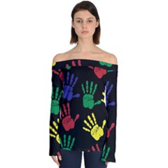 Handprints Hand Print Colourful Off Shoulder Long Sleeve Top by Sapixe