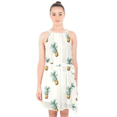 Pineapples pattern Halter Collar Waist Tie Chiffon Dress