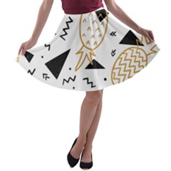 Black & gold pineapples A-line Skater Skirt