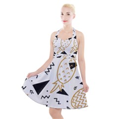 Black & gold pineapples Halter Party Swing Dress 