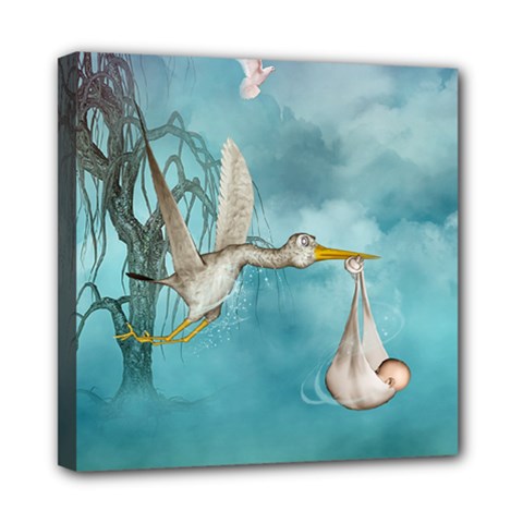 Cute Baby Is Coming With Stork Mini Canvas 8  X 8  (stretched) by FantasyWorld7