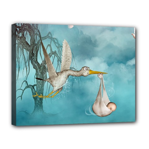 Cute Baby Is Coming With Stork Canvas 14  X 11  (stretched) by FantasyWorld7