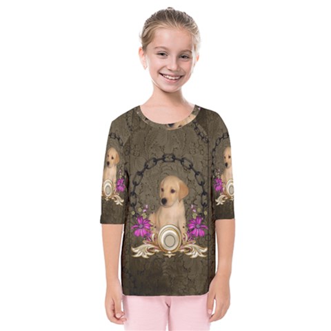 Cute Little Puppy With Flowers Kids  Quarter Sleeve Raglan Tee by FantasyWorld7