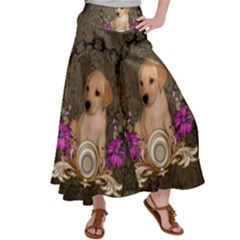 Cute Little Puppy With Flowers Satin Palazzo Pants by FantasyWorld7