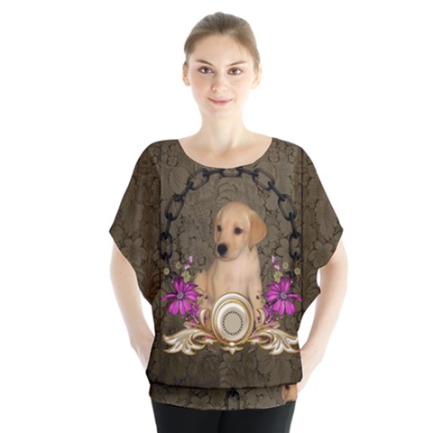 Cute Little Puppy With Flowers Batwing Chiffon Blouse by FantasyWorld7