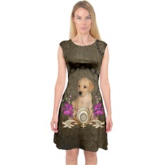 Cute Little Puppy With Flowers Capsleeve Midi Dress by FantasyWorld7